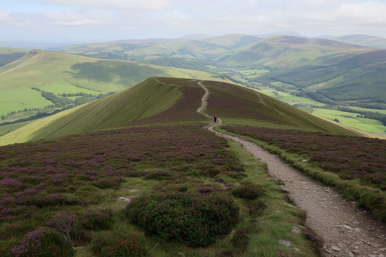 A path across heather on a rounded mountain ridge in the Brecon Beacons.