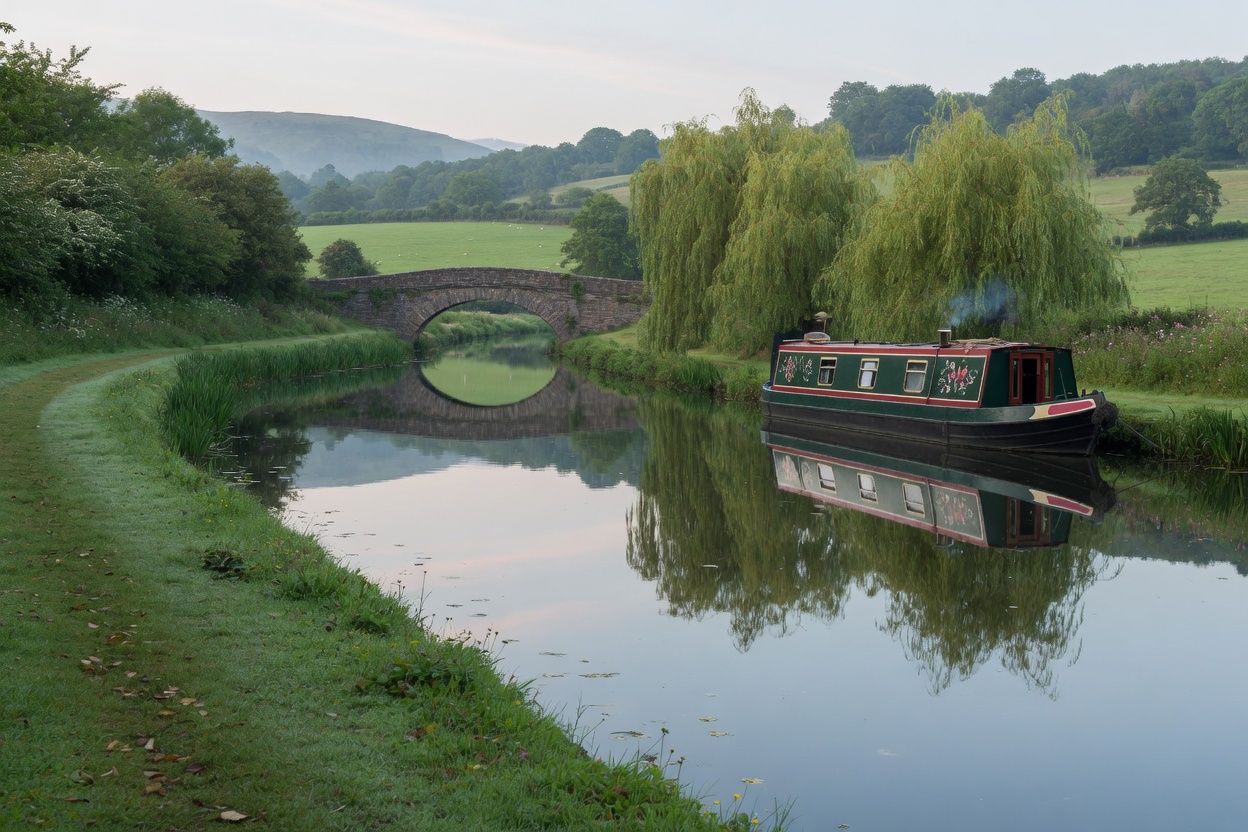 Stone canal bridge and a moored narrowboat.