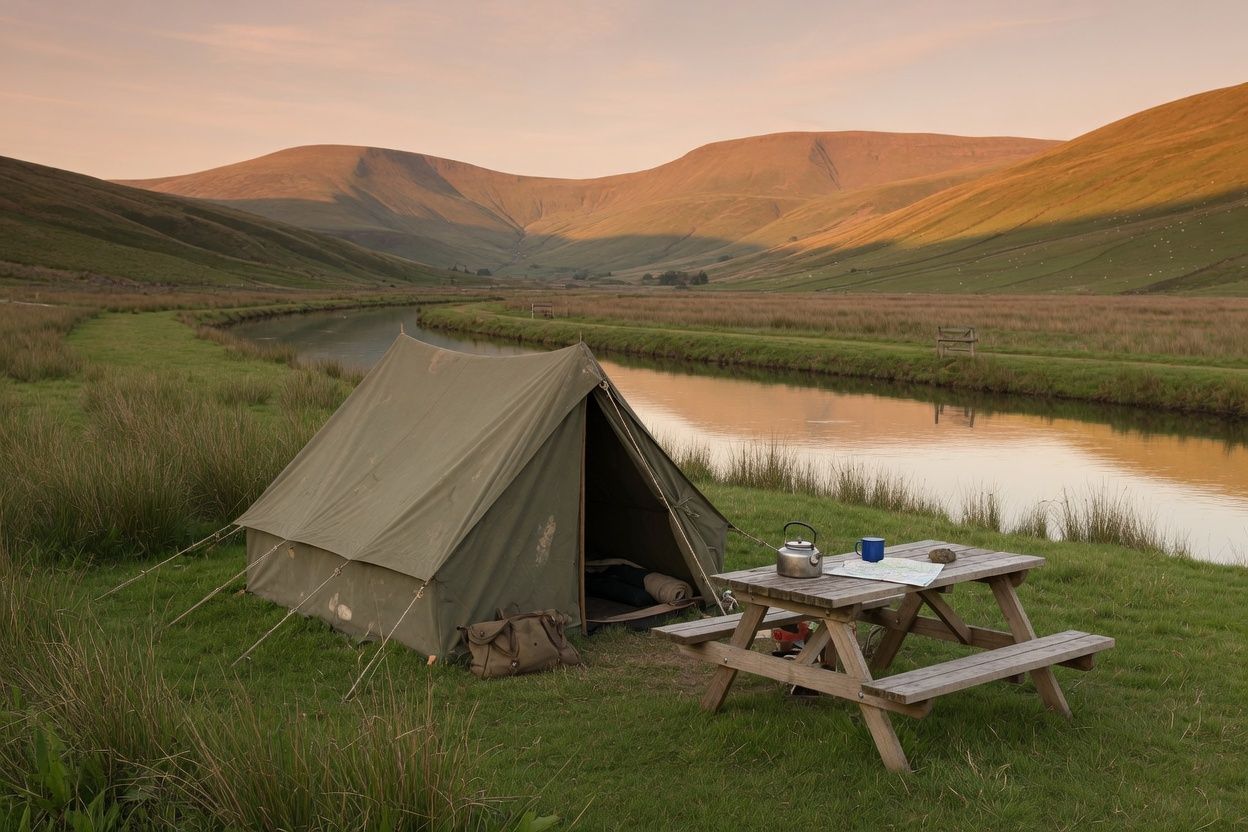 A canvas tent and picnic table on a grassy bank beside the canal.