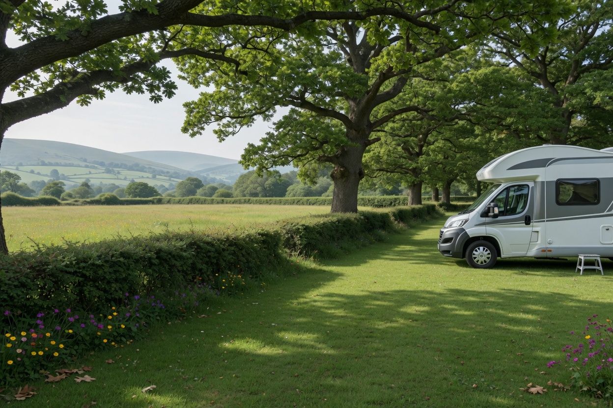 A motorhome on a level grass pitch beneath mature oak trees.