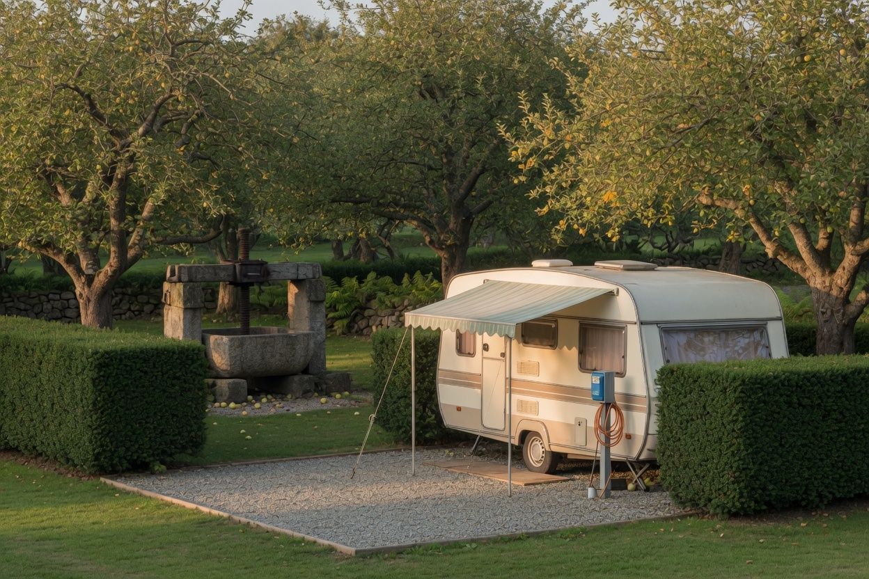 A touring caravan on a gravel hardstanding among apple trees, beside an old stone cider press.