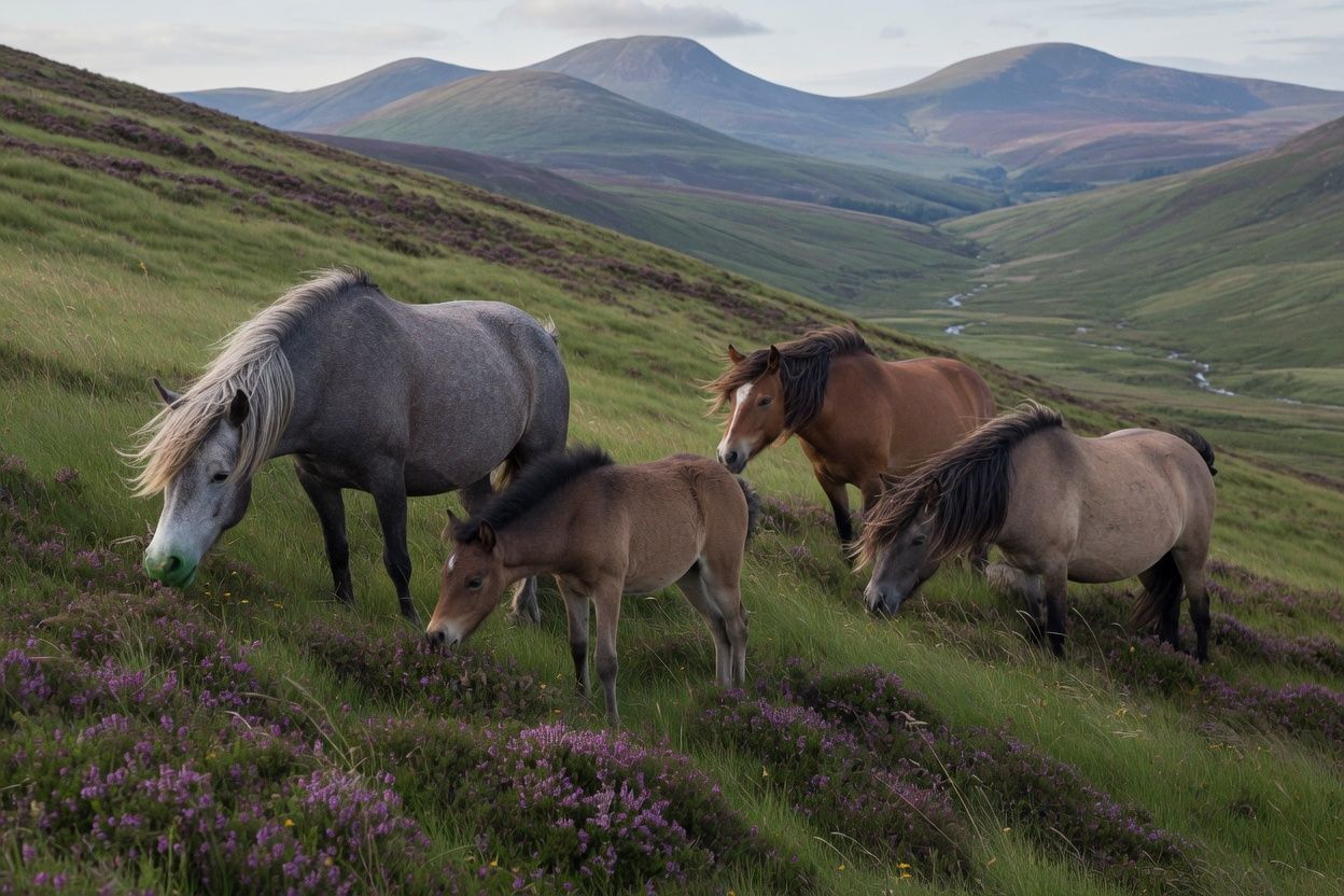 Welsh mountain ponies grazing a heather hillside.