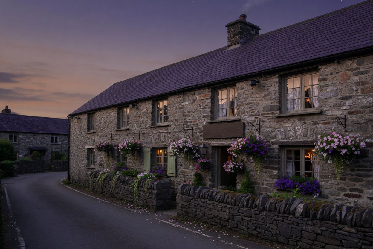 A stone village inn at dusk, with flower baskets and warm windows.