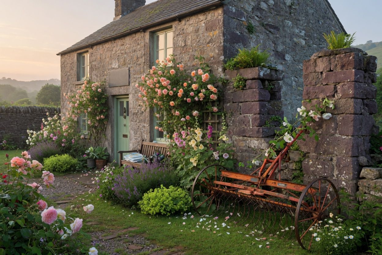 A stone cottage among roses, with an old farm machine and a fragment of wall.