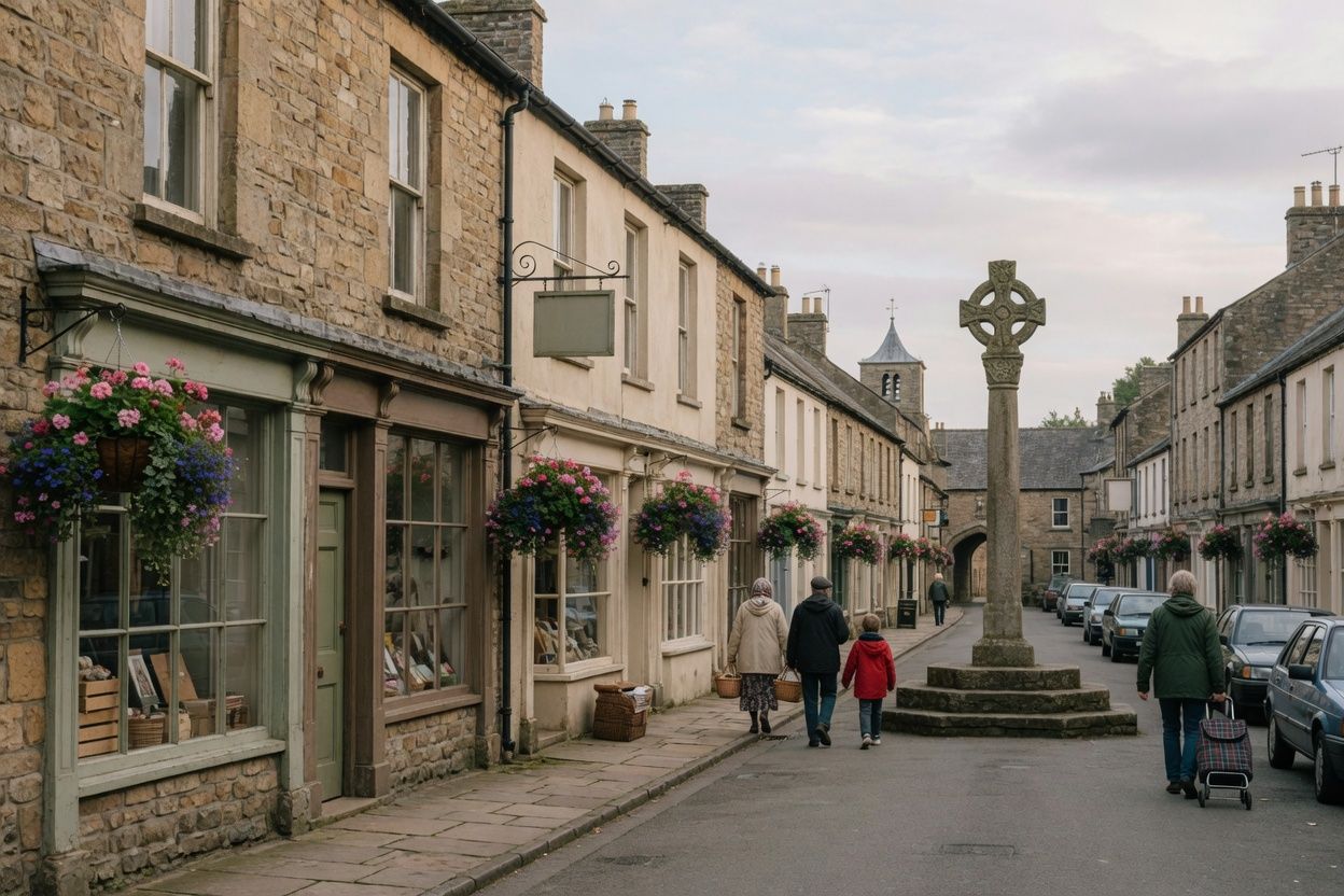 A stone market street with hanging baskets and a Celtic cross.